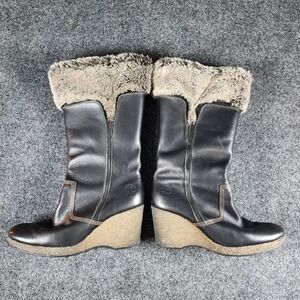 Timberland Monogram Tall Boots Faux Fur Lined Black Leather Size 7.5 Wedge Heel